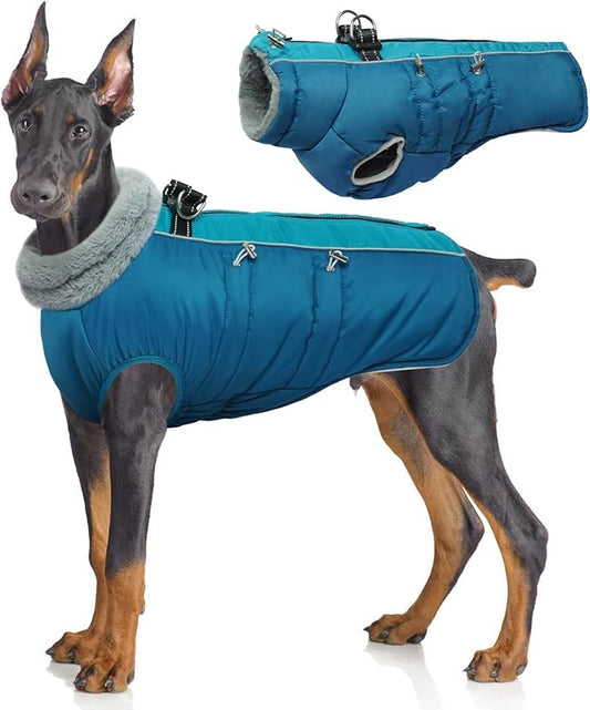 IDOMIK Warm Dog Coat with Harness, Waterproof Reflective Dog Jackets for Small Medium Large Dogs, Fleece High Collar Winter Jacket with Zipper, Pet Winter Snowsuit Clothes for Cold Weather,Blue 2XL