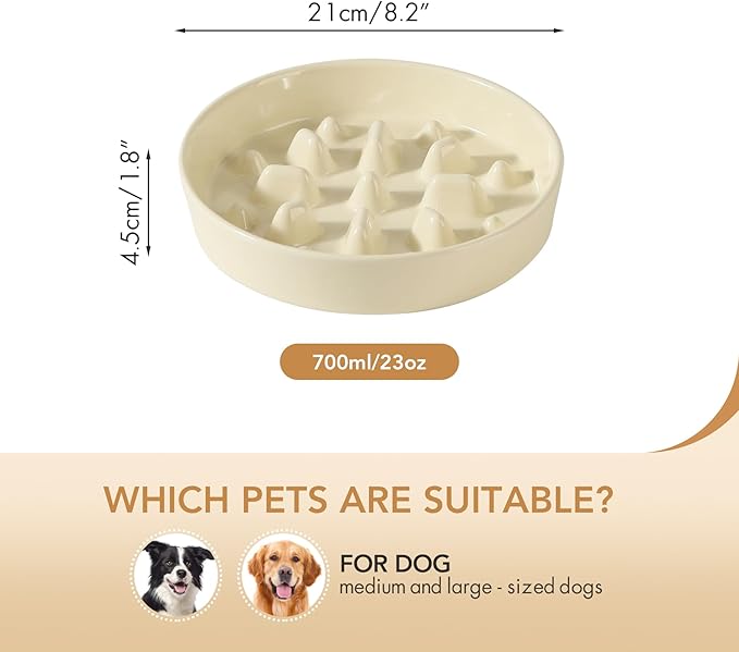 Ceramic 8.2 inch Dog Bowl Slow Feeder, Slow Pet Food Dish for Medium and Large Dog, Stop Bloat, Preventing Choking(Single Bowl, Beige)