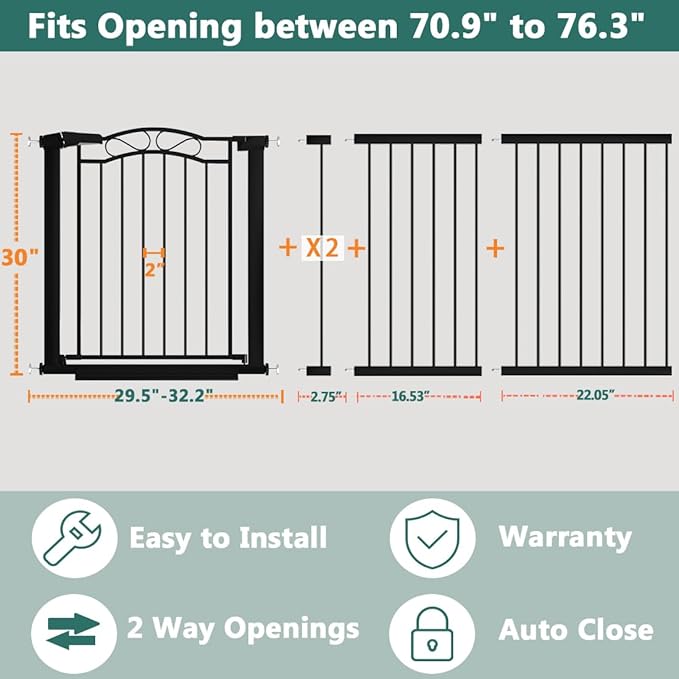 70.9"-76.3" Extra Wide Baby Gate for Stairs & Doorways, Pressure Mount Metal Pet Gates, Auto Close Walk Thru Safety Child Gate, Long Tension Dog Gate Indoor for The House, Black