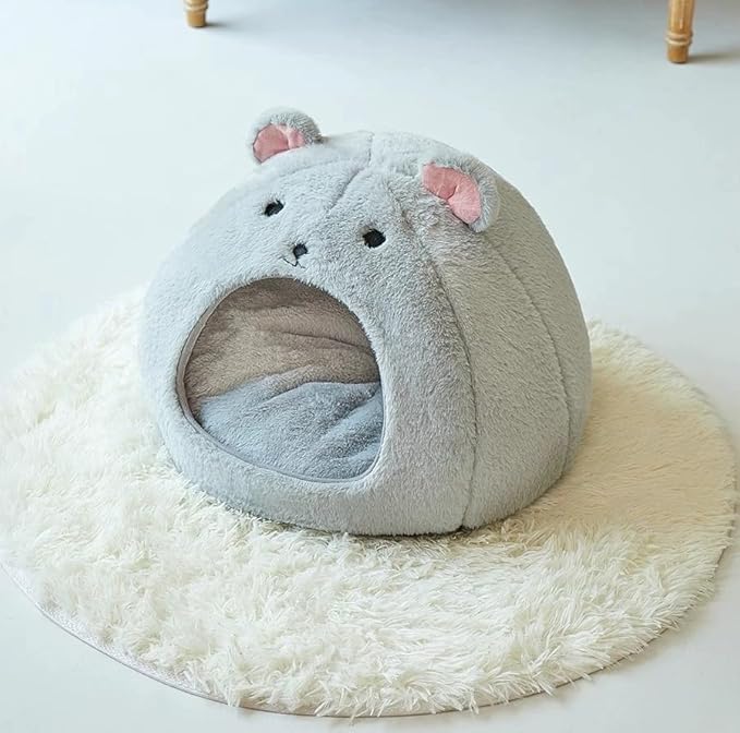 Cozy Mouse Ear Pet Cave Bed Ultra-Soft Gray Plush cave Bed, Cat Cave Beds Cat House Cat Tent with Removable Washable Cushioned Pillow, Cat Beds&Dog Beds,Perfect for Small & Medium Pets(Big)