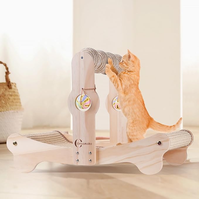 Oroonoko Cat Scratcher Bed for Indoor 3-in-1 Sisal Scratching Post & Hammock with Easy Assembly, Non-Tip Wood Base, Large Cat Bed & Scratch Pad & Scratch Balls (3-in-1 scracher Bed with Ball)