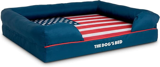 The Dog's Bed Replacement Outer Cover ONLY (Outer Cover ONLY - NO Bed, NO Waterproof Inner) for The Dog's Bed, Washable Oxford Fabric, Large (Blue with Red Piping USA Flag Embroidery & Centre Flag)