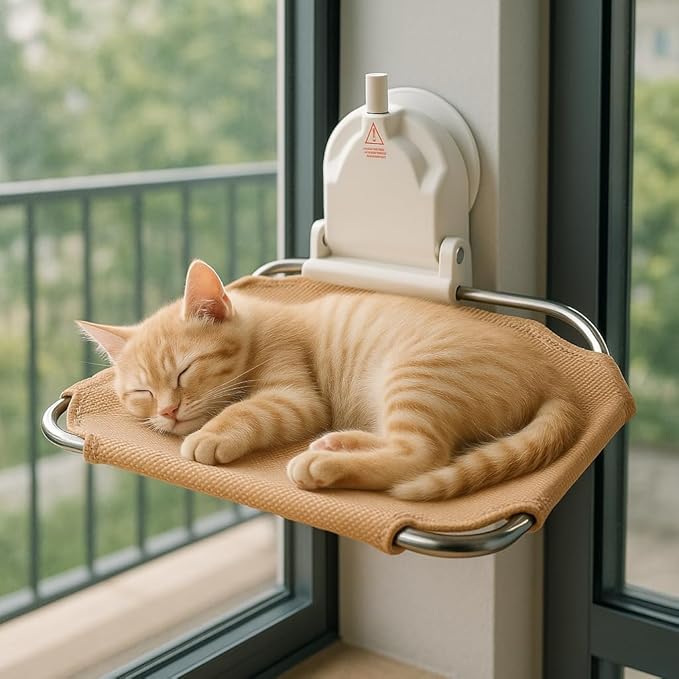 Cat Window Perch for RV & Balcony,Single Suction Cup High Suction Foldable Metal Frame Robust Breathable Lounger Hammock Seat Resting Bed Holds Large Cats Kittens Indoor