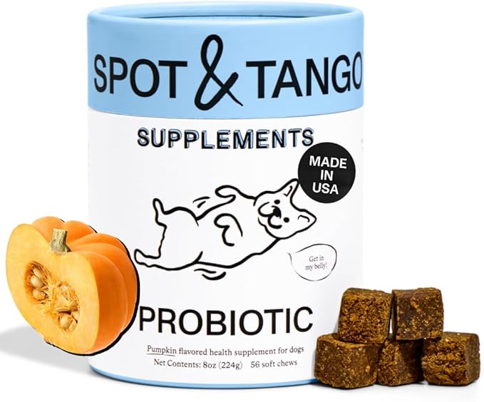 Spot & Tango Probiotics Supplements for Dogs - Vet-Approved for Healthy Digestion and Balanced Gut - Pumpkin, Turmeric, Chicory Root, Black Pepper, Nine-Strain Probiotic Blend, 56 Count