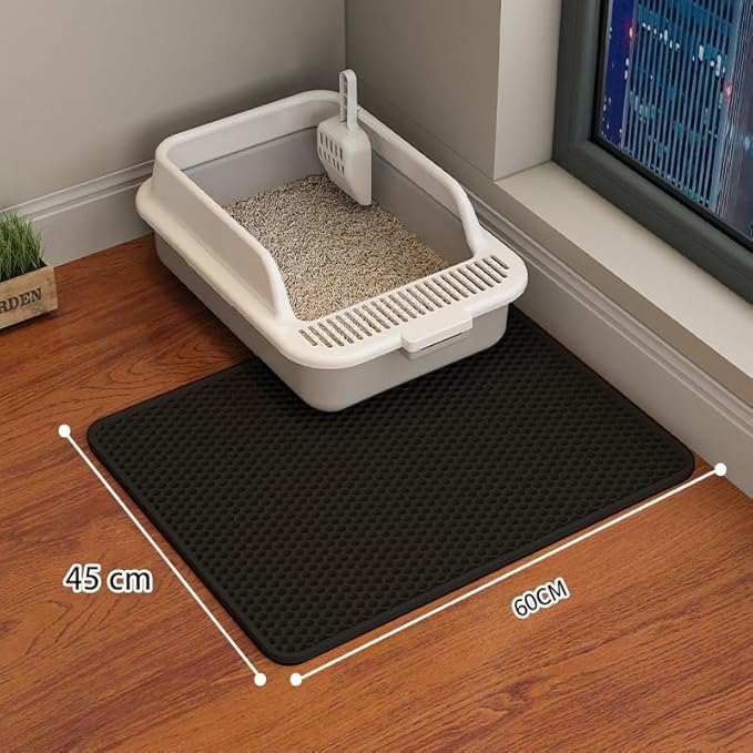 Cat Litter Mat Cat Litter Trapping Mat, 24 x 18 inch Honeycomb Double Layer Design, Urine and Water Proof Material, Scatter Control, Less Waste, Easier to Clean, Washable black