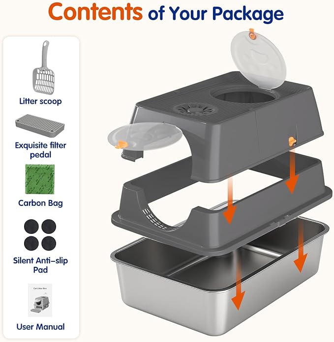 Front & Top Entry Stainless Steel Litter Box with Lid,Cat Litter Box Enclosure,Extra Large Enclosed,Non-Sticky Metal Pan,Anti-Leakage,Odor Control,Easy Clean,Covered for Indoor Cats,Includes Scoop Set