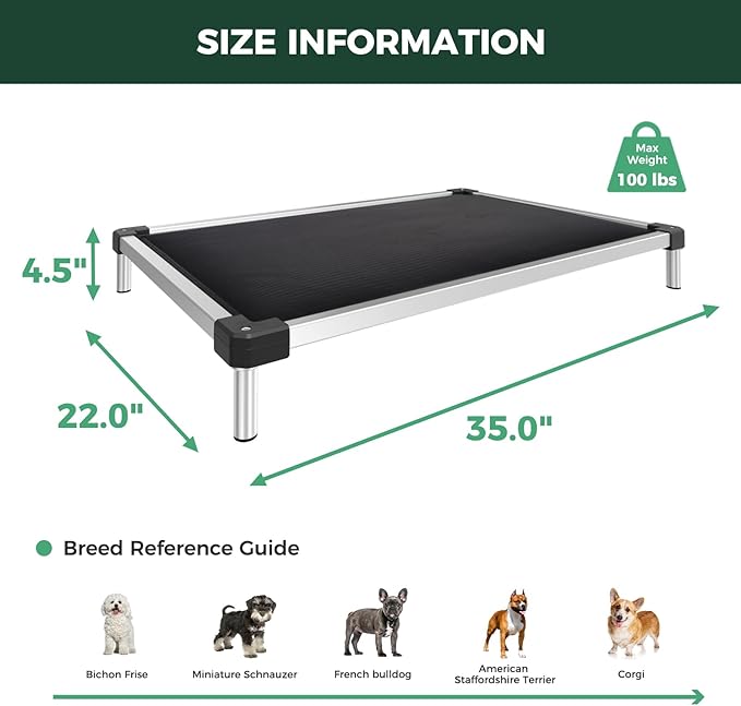 FXW TitanNest Chew-Proof Elevated Dog Bed, Raised Cot for Indoor/Outdoor/Camping Use, Durable & Washable Padded Pet Bed for Small Dogs, 35.0" L x 22.0" W x 4.5" H, Black