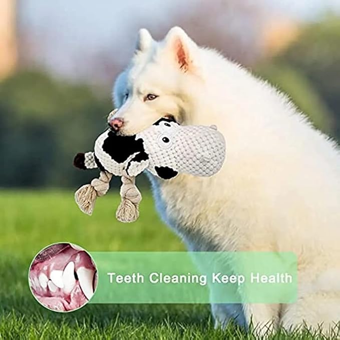 COWIE - Durable Plush Cow Dog Toy with Rope – Soft Chew Toy for Puppies Small Medium & Large Dogs – Crinkle Ears, Teeth-Cleaning & Interactive Squeaky Dog Toys
