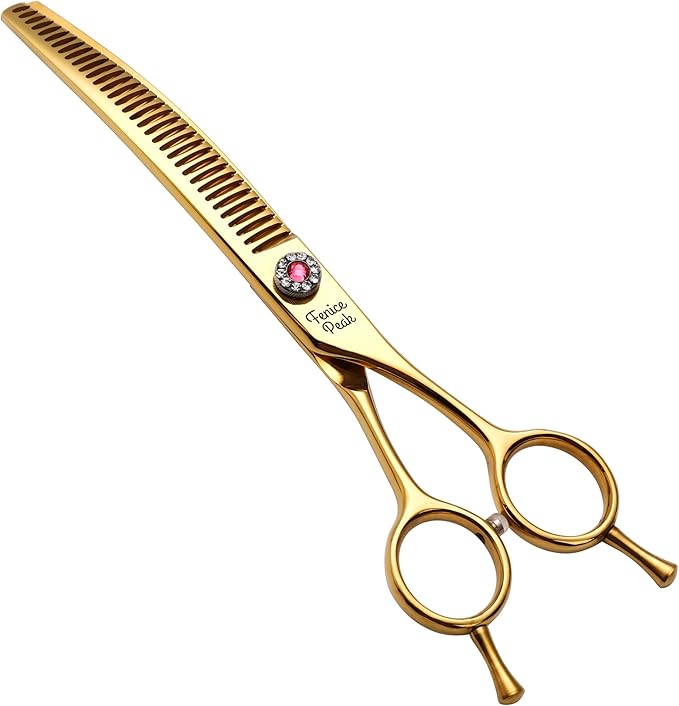 Fenice Peak Professional Dog Grooming Scissors Pet Curved Chunker Shears 7.0'' Extremely Sharp Blades 440C Steel Thinning Scissors Durable Smooth Motion & Fine Cut for Dogs and Cats(Gold)