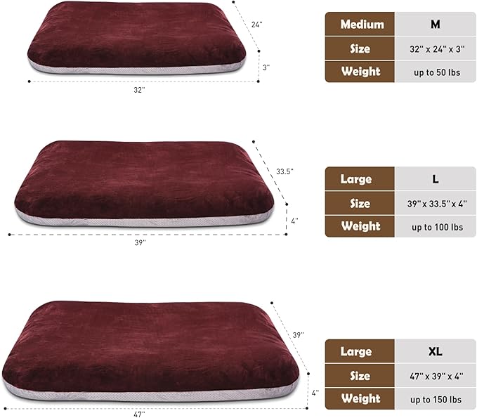 Magic Dog Super Soft Extra Large Dog Bed, 47 Inches Jumbo Orthopedic Foam Pet Beds with Anti Slip Bottom, Dog Sleeping Mattress with Removable and Washable Cover, Burgundy XL,47'' X 39'' X 3.7''