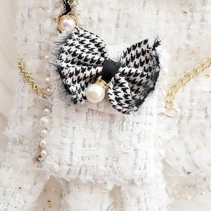 Pet Dress with Pearl Buttons, White Tweed with Black Bow and Rose Embellishments, Small Dog and cat Princess Outfit (White, X-Large)