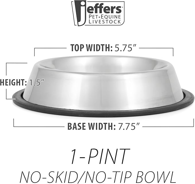 Jeffers Pet Stainless Steel Dog Bowl – No Skid, No Tip Food & Water Bowls for Puppies, Small, Medium, Large Breeds – Heavy Duty, Dishwasher Safe Feeder for Indoor, Outdoor, Travel Use – 1 Pint