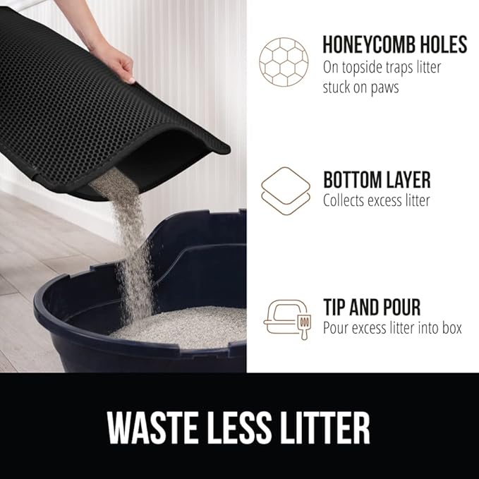 GORILLA GRIP Honeycomb Cat Litter Box Mat, Two Layer Trapping Waste Mats, Soft On Paws, Litter Box Supplies and Essentials for Indoor Cats, Traps Excess, Water Resistant for Floors, 24x15 Black
