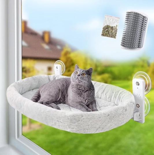 Sinai Pet Shop Cat Window Perch – Cordless Foldable Hammock with Cushion Bed, Self-Groomer with Catnip Included, Durable Metal Frame with Strong Suction Cups, Space-Saving for Large Indoor Cats