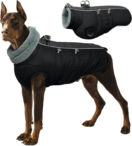 IDOMIK Warm Dog Coat with Harness, Waterproof Reflective Dog Jackets for Small Medium Large Dogs, Fleece High Collar Winter Jacket with Zipper, Pet Winter Snowsuit Clothes for Cold Weather,Black 2XL