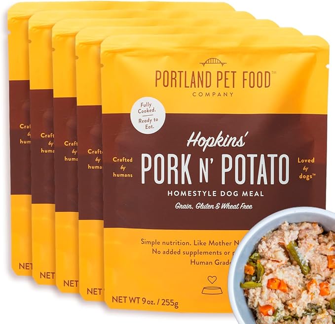 Portland Pet Food Company Hopkin's Pork N’ Potato Fresh Dog Food Pouches - Human-Grade, Grain-Free Wet Meal Topper Mixer & Meals - Small & Large Breed Puppy & Senior Dogs - Made in The USA - 5 Pack