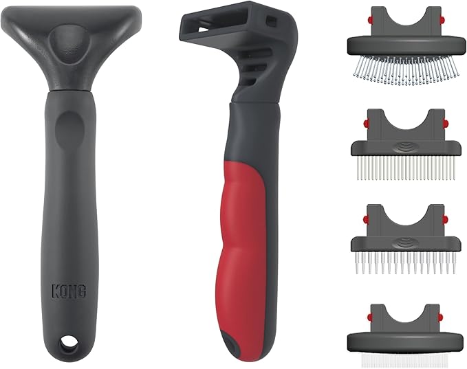 KONG 4-in-1 Interchangeable Dog Grooming Tool – Rake, Slicker, Comb & Pin Brush Heads, Versatile All-in-One Design, Non-Slip Handle, for All Coat Types, Red/Gray