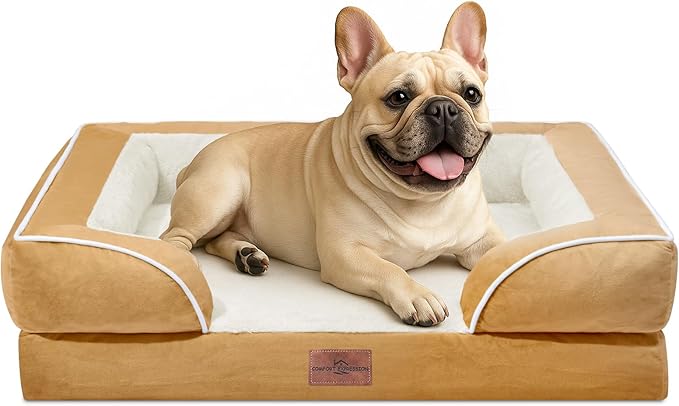 Comfort Expression Orthopedic Dog Bed for Medium Dogs 28x19 Inch, Waterproof Supportive Egg Crate Foam Medium Pet Bed with Removable Bolsters, Dog Couch with Washable Cover & Non-Slip Bottom, Caramel