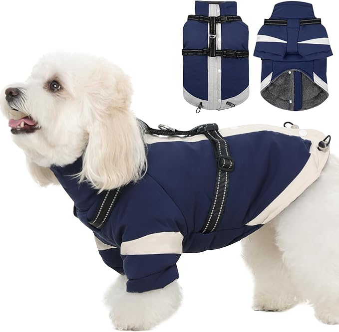 XS Dog Winter Coat with Harness Built in - Turtleneck with Sleeves| Reflective Water-Repellent Jackets for Night,Warm Puppy Clothes for Snow Cold Weather,Chihuahua (Navy-Blue)