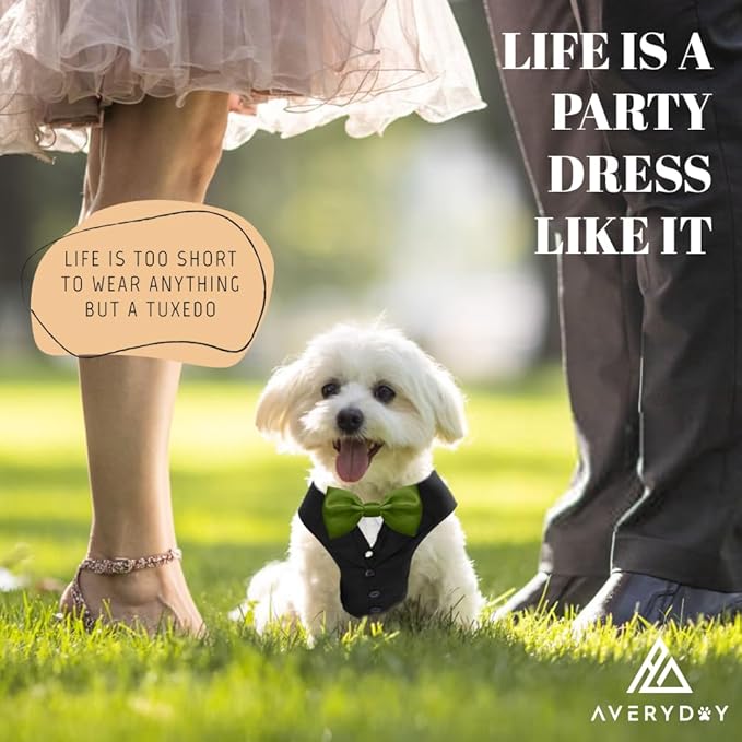 AVERYDAY Dog Tuxedo for Wedding Outfit, Dog Suit and Tie Costumes for Birthday, Halloween, Cosplay, Christmas Party, Pet Formal Wear with Bowtie, Tux for Small Dogs, Chihuahua, Bichon, Maltese, Cats