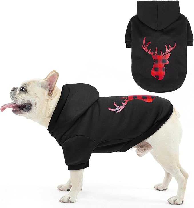 SCENEREAL Christmas Dog Hoodie with Leash Hole, Warm & Soft Fleece Pet Sweater & Sweatshirt for Small Medium Large Dogs, Xmas Elk Print Pets Clothes Cold Weather Costume, S