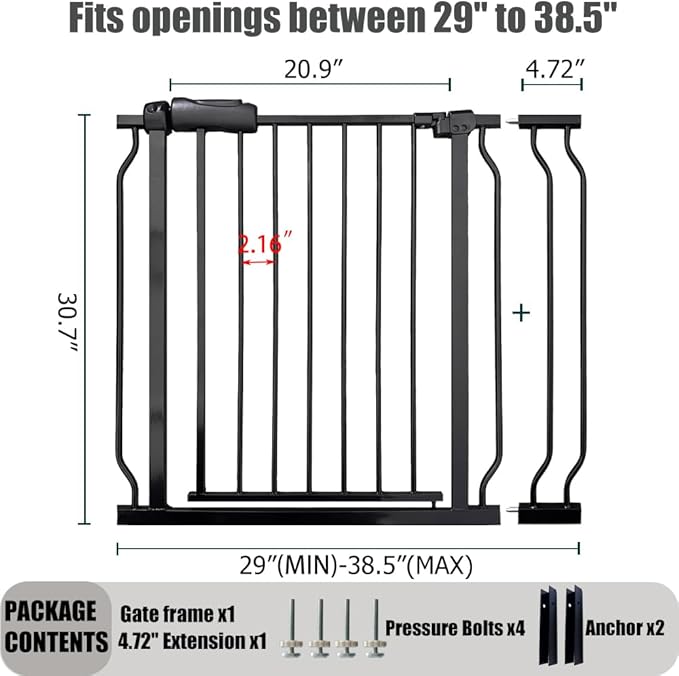 Walk Through Baby & Dog Gate 34-38.5 Inch, Auto Close, Tension Mounted Indoor Safety Gate for Stairs & Doorways - Black Metal, 30 Inch Tall