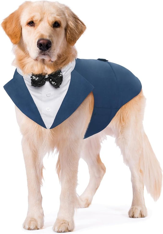 Kuoser Dog Tuxedo Dog Suit and Bandana Set, Dogs Tuxedo Wedding Party Suit, Doggy Prince Bow Tie Shirt Formal Pet Wedding Attire for Large Medium and Small Dogs Golden Retriever Samo Bulldogs