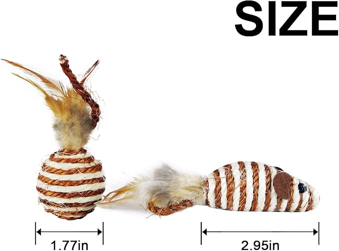 TTcat Cat Toys Set with Sisal Rope & Feathers Ball and Mouse - 2 Pack, Interactive Toys for Indoor Cats,Kittens