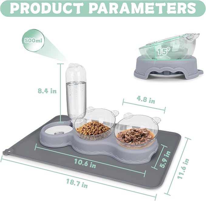 Triple Cat Bowls for Food and Water, YECERCAN Plastic Raised Cat Bowls with Automatic Water Bottle & Waterproof Mat for Cats/Small Dogs, 3 in 1 Pet Feeder for Wet/Dry Food