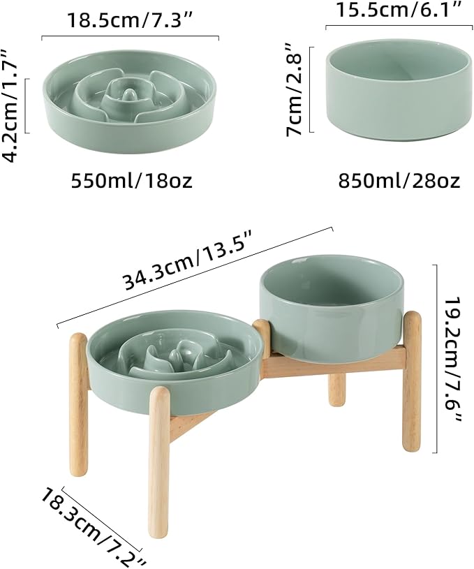 Ceramic Raised Slow Feeder Dog Bowl Set, Elevated 6.1inch Bowl and 7.3inch Puzzle Slow Food Dish with Wooden Stand for Small and Medium Dog, Anti-Gulping (2X Light Green+ Stand)