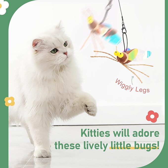 SONGWAY Cat Bug Toy Wand - Insect Interactive Cat Toys with Retractable Teaser Wand and 4 Pcs Bug Toy Feather Replacements for Cats Kittens