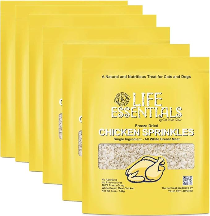 LIFE ESSENTIALS BY CAT-MAN-DOO All Natural Freeze Dried Chicken Crushed Sprinkles Powder for Dogs & Cats No Preservatives, or Additives - No Grain Tasty Treat -Made in USA (6 Pack of 5oz Bags)