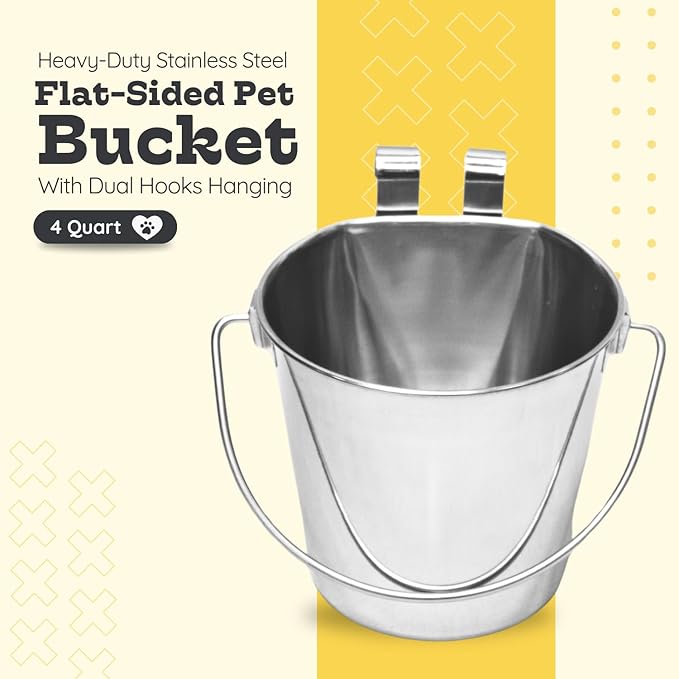 4 Quart Stainless Steel Flat Sided Pail with Dual Hooks | Hanging Bucket for Dogs, Cats, Goats & Livestock | Durable Food & Water Bowl Fits Kennels, Crates & Cages | Multipurpose Use