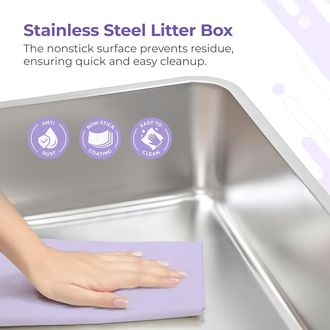 iPrimio Stainless Steel Litter Box - No Stick Litter Pan for Cats - XL Cat Box with Teflon Coating - Never Absorbs Odor or Rust - Ergonomic, Easy to Clean, Durable, Nonstick, Spacious Pans