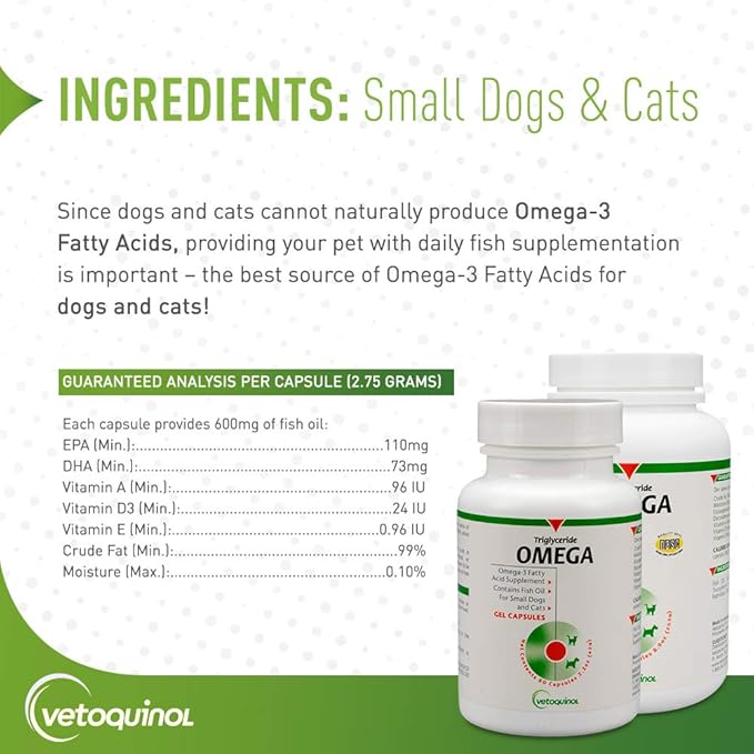 Vetoquinol Triglyceride Omega 3 Supplement for Dogs and Cats, Fish Oil Supplement with EPA and DHA, Promotes Skin, Coat, Joint, and Immune Health, Omega 3 Fish Oil for Dogs and Cats up to 30lbs, 250ct