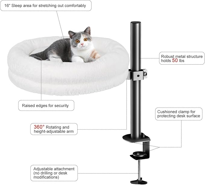 Cat Desk Bed, Supports Up to 50 lbs, Comfortable Soft Perch, Nest Bed Attachment Round Cat Hammock for Desk 360° Rotating & Adjustable Height (White)