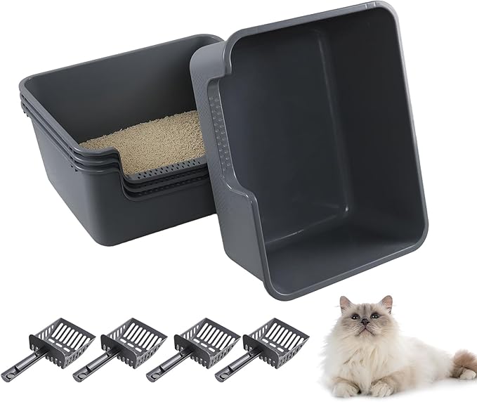4-Pack Plastic High Wall Cat Litter Box with Scoop, Anti-Splashing Kitty Litter Pan, Grey
