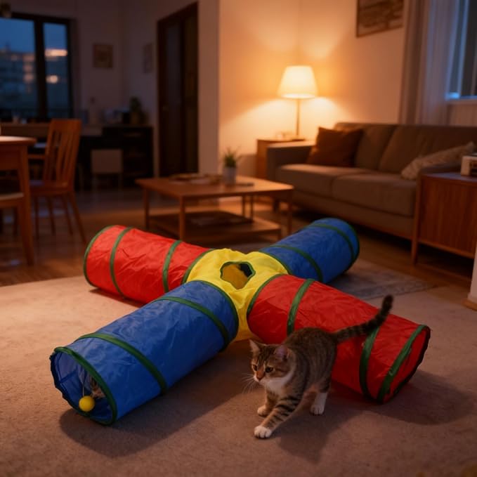 Cat Toys - 4-Way Tunnel for Indoor Cats with Peek Hole & 2 Mice - Large Foldable Rainbow Tube with Hanging Ball for Kittens, Rabbits, Small Dogs - Ideal Cat Toy