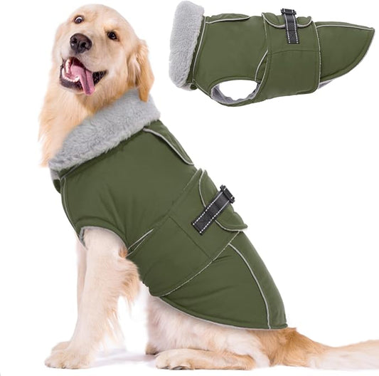Lelepet Warm Dog Coat Reflective Fleece Vest Waterproof Dog Jacket with Adjustable Buckle Hook & Loop Windproof Cold Weather Coats for Small Medium Large Dogs, Army Green, L