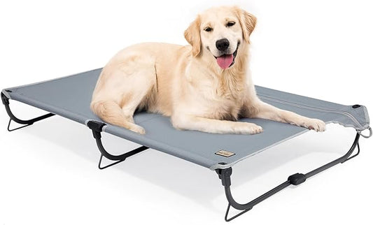 Daisy Cot, Large Foldable Elevated Dog Bed, Portable Raised Outdoor Folding Dog Cot, Cooling, Chew Proof, Waterproof, Heavy Duty Up to 160 lbs for Camping/Home, Grey, 43"x 27"x7"