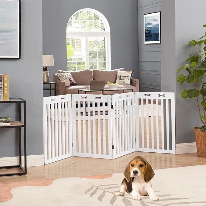 unipaws 29.5'H Free Standing Tall Wooden White Dog Cat Gate, Foldable Pet Fence for Doorway, Stairs, Indoor Use