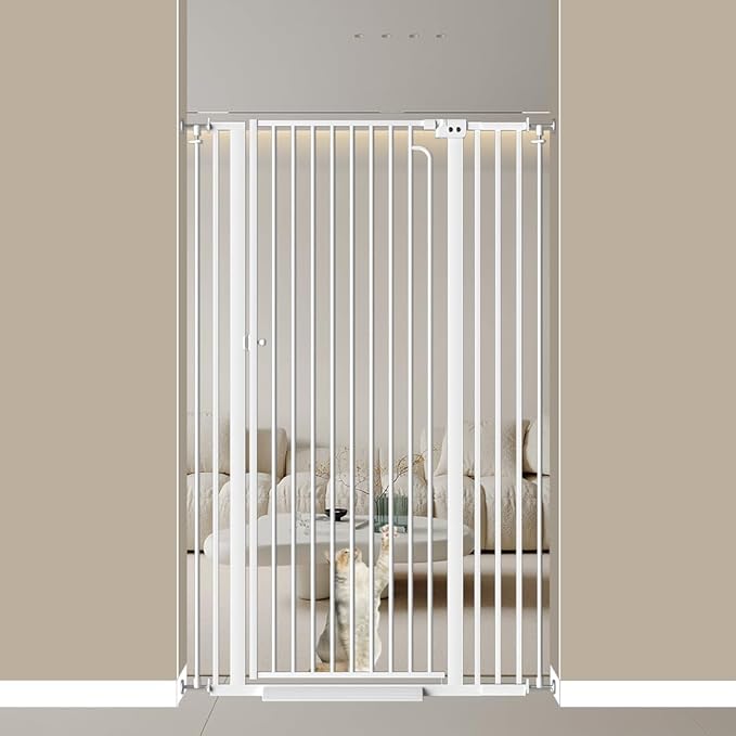 57" Extra Tall Cat Gate for Doorways, 33.86'' - 38.58'' Wide High Pressure Mounted Dog Gate, Tall Pet Gates for Doorways No Drilling, Auto Close Safety Baby Gates for Dogs Cats(White)