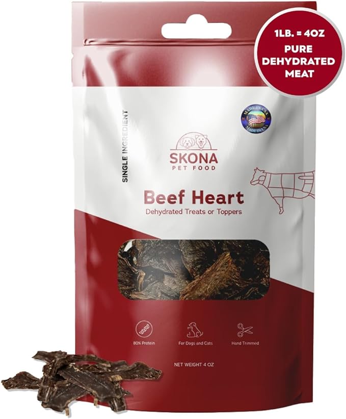 Skona PetFood Beef Heart Jerky Dog & Cat Treats, Single-Ingredient, High Protein Training Snacks, Natural, Grain-Free, USA Made, Rich in Taurine, Supports Digestion & Dental Health, 4oz