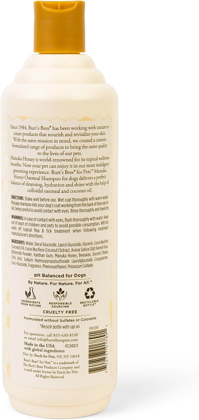 Burt’s Bees Manuka Honey Oatmeal Shampoo for Dogs with Coconut Oil, 16 Fl Oz