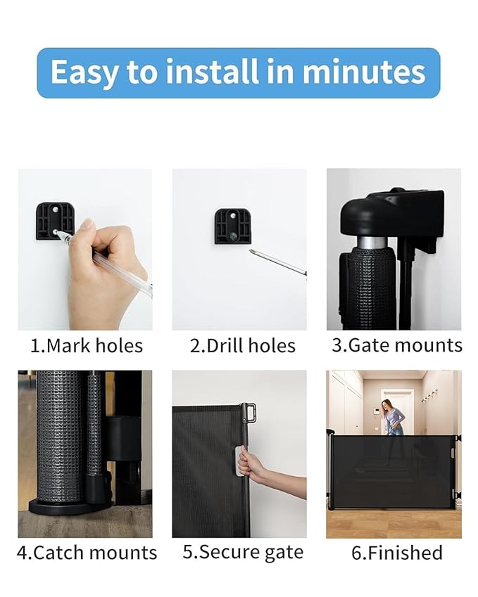 Retractable Baby Gate for Doorways and Stairs, Mesh Safety Gate for Pet, Indoor & Outdoor Use, One-Hand Operation, Easy Installation, 33.6" Tall, Expands to 55" Wide（Black,33.6"x55")