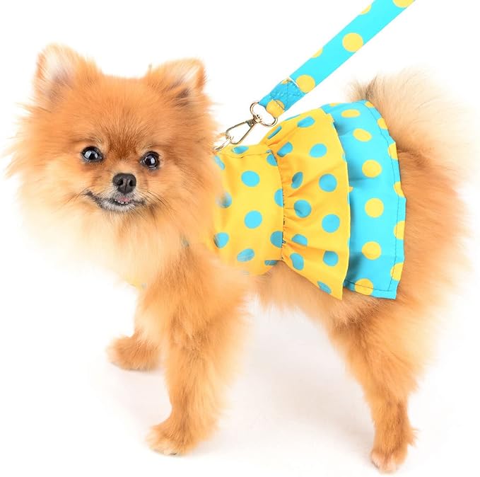Dog Harness Dress for Small Medium Dogs Female Girls Polka Dots Tutu Skirt Beauty Pet Clothes with Leash 1.6m Cats Apparel Puppy Chihuahua Yorkie Clothing Spring Summer Yellow M