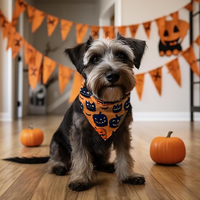 Halloween Dog Bandanas - 2 Pack 4 Pattern Bat & Pumpkin Pattern Dog Bibs - Reversible, Washable & Durable - Suitable for Small to X-Large Breeds