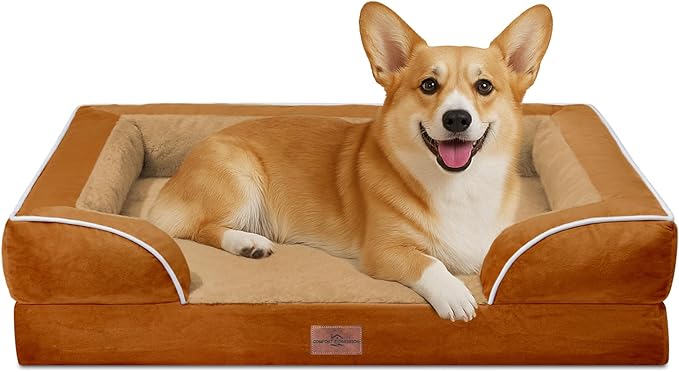 Comfort Expression Orthopedic Dog Bed for Medium Dogs 30x20 Inch, Waterproof Supportive Egg Crate Foam Medium Pet Bed with Removable Bolsters, Dog Couch with Washable Cover & Non-Slip Bottom, Orange