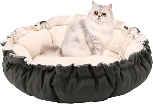 20.8Inch Cat Bed for Indoor Cats, 2-Sided Reversible Pet Bed, Adjustable Drawstring Kitten Bed, Small Dog Beds and Furniture for Puppy, Kitty, with Black Water-Resistant Anti-Slip Bottom