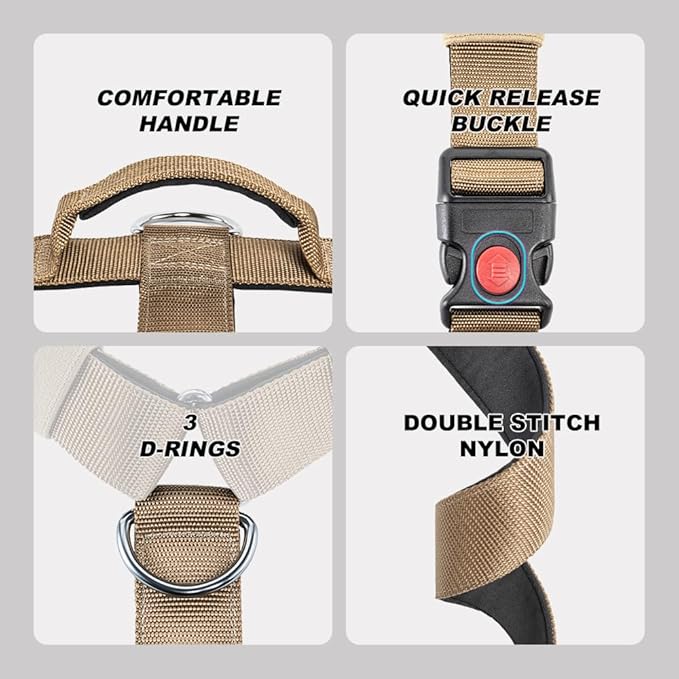 TSPRO Premium Heavy Duty Dog Harness, Adjustable Tactical Dog Harness for Large Dogs with Quick-Release Buckle and Comfortable Soft Handle for Outdoor Walking and Running (Khaki L)